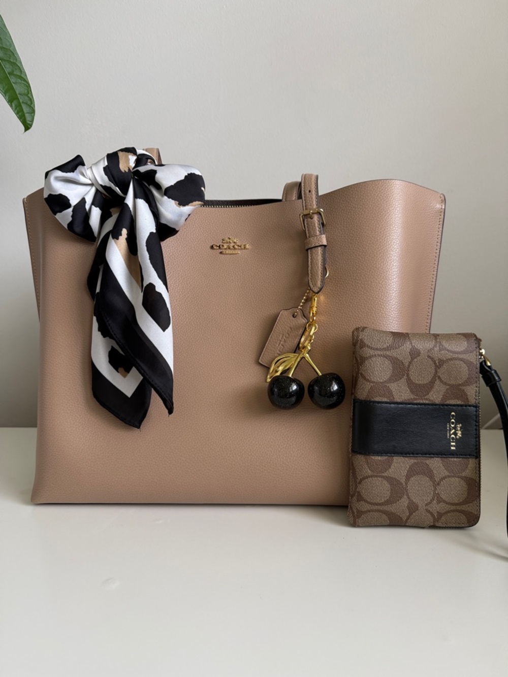 COACH Taupe Leather Mollie Tote Bag with Scarf, cherry charm and wristlet